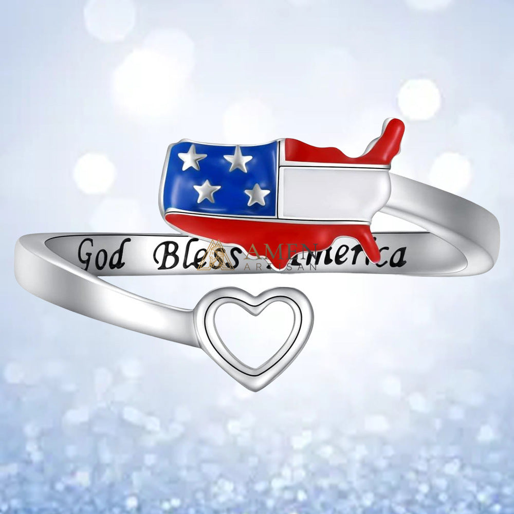 God Bless America American Flag Adjustable Ring Amen Artisan