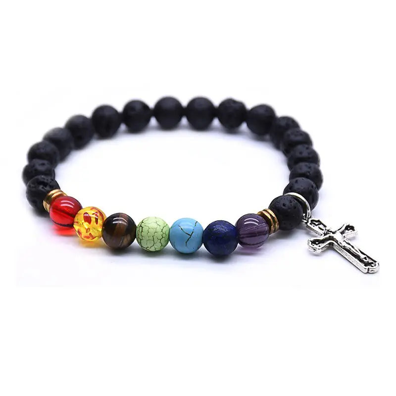 Amen Artisan 7 Chakra Lava Stone Crucifix Bracelet