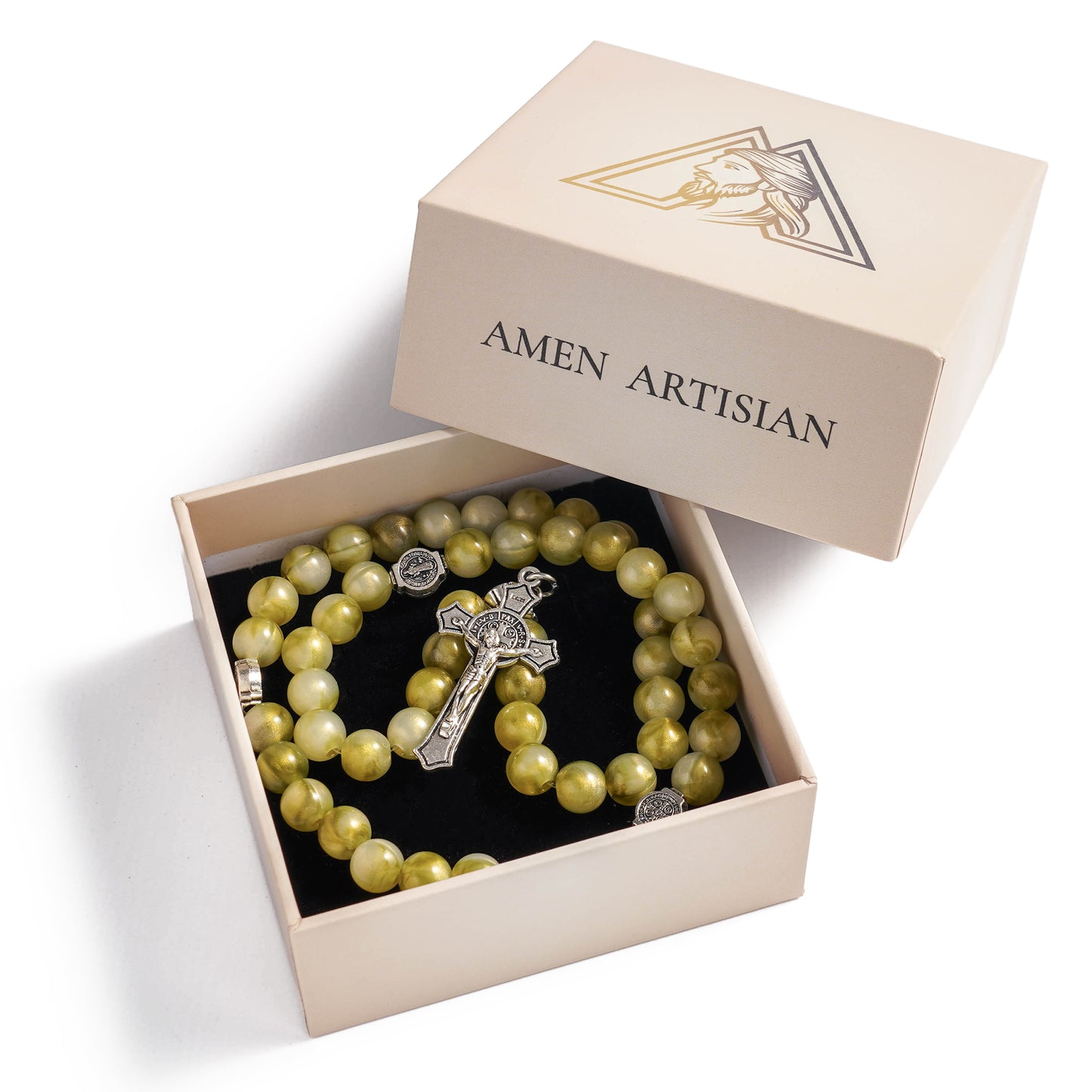 Olive Green Bead Stretch Rosary Bracelet with Cross Charm - Renewal, Comfort & Blessing | Amen Artisan