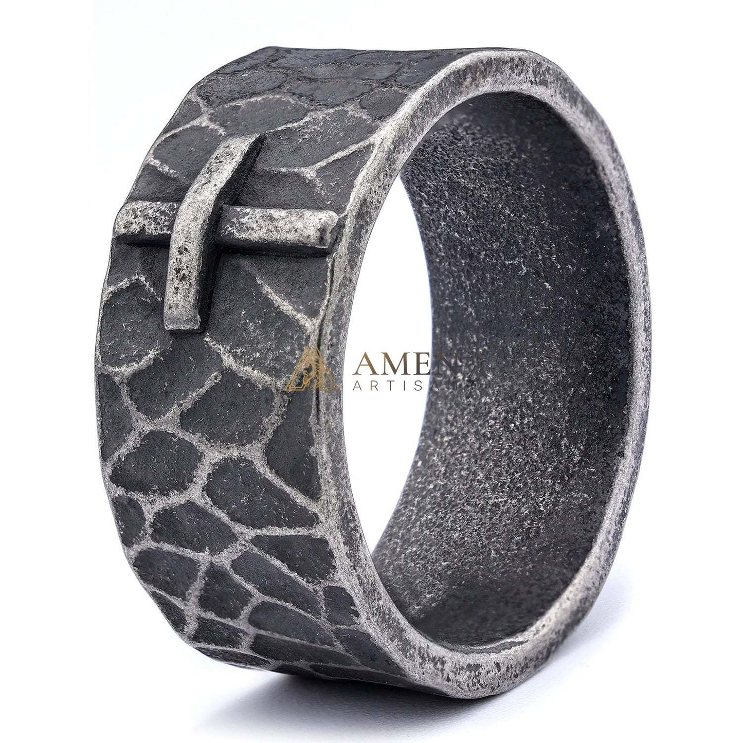 Hammered Cross Titanium Steel Ring Amen Artisan