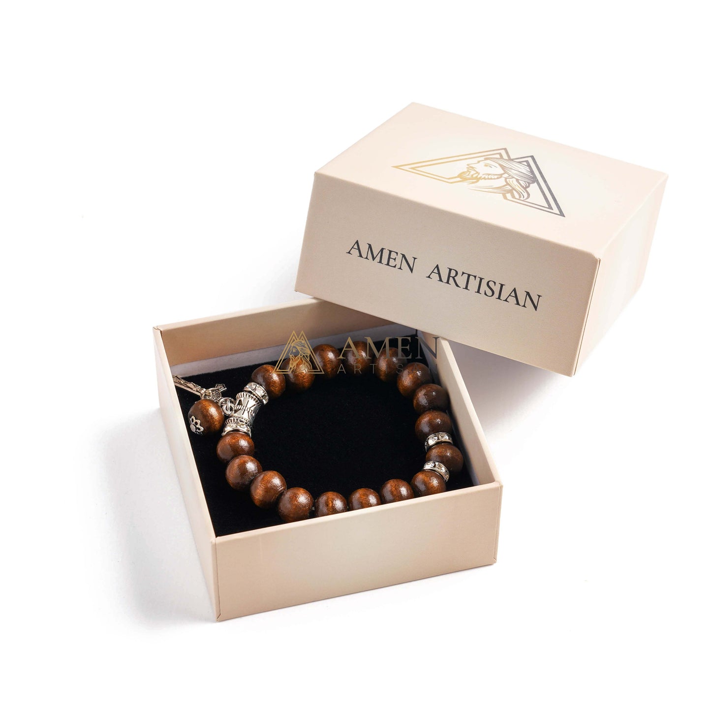 Amen Artisan Brown Wooden Beads Crucifix Elastic Cord Bracelet