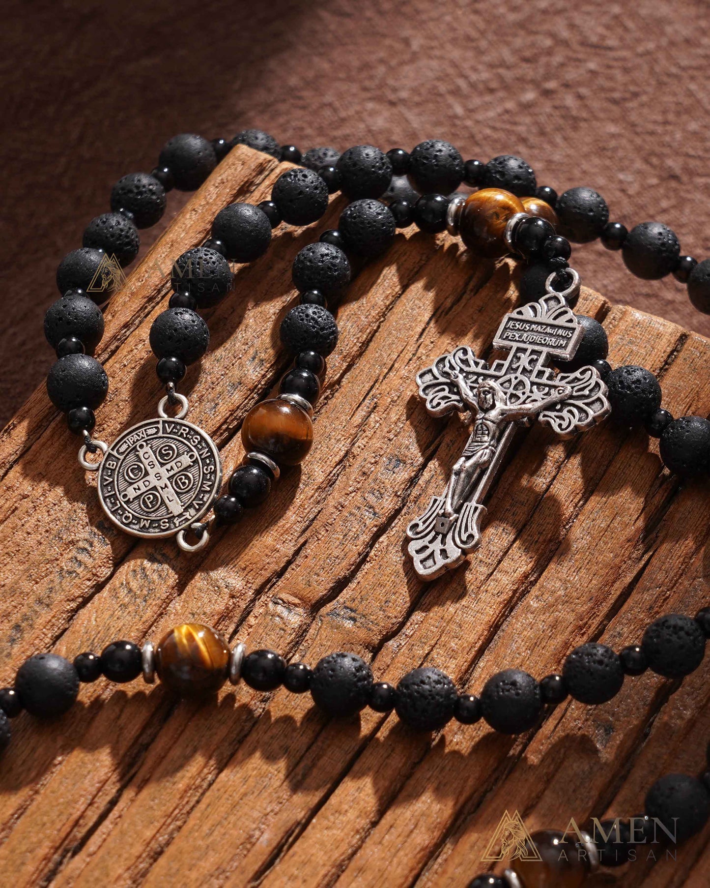 Natural Lava Stone & Tiger’s Eye Prayer Beads with Vintage-Style Crucifix | Amen Artisan