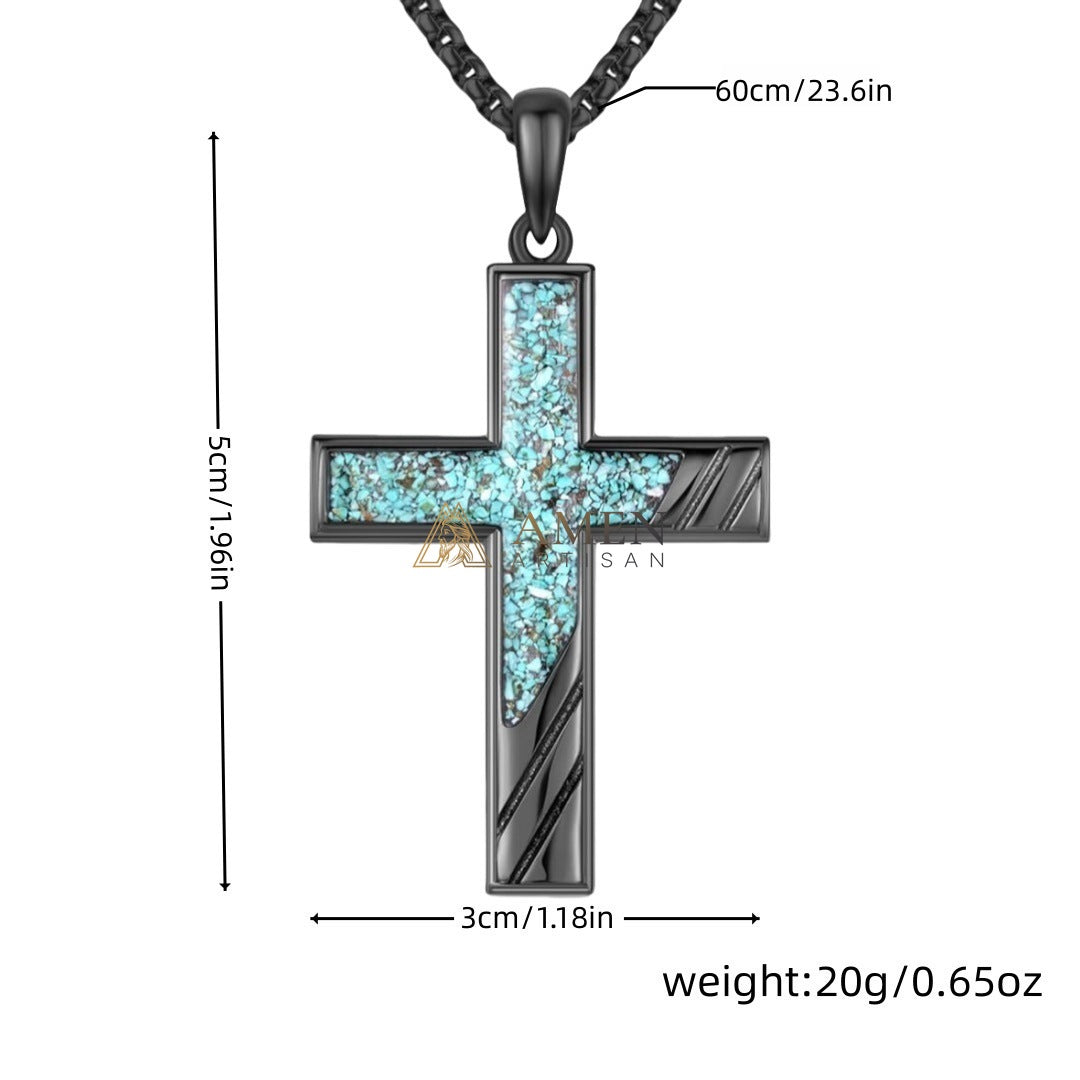 Handcrafted Titanium Steel Turquoise Chip Cross Pendant Necklace Amen Artisan