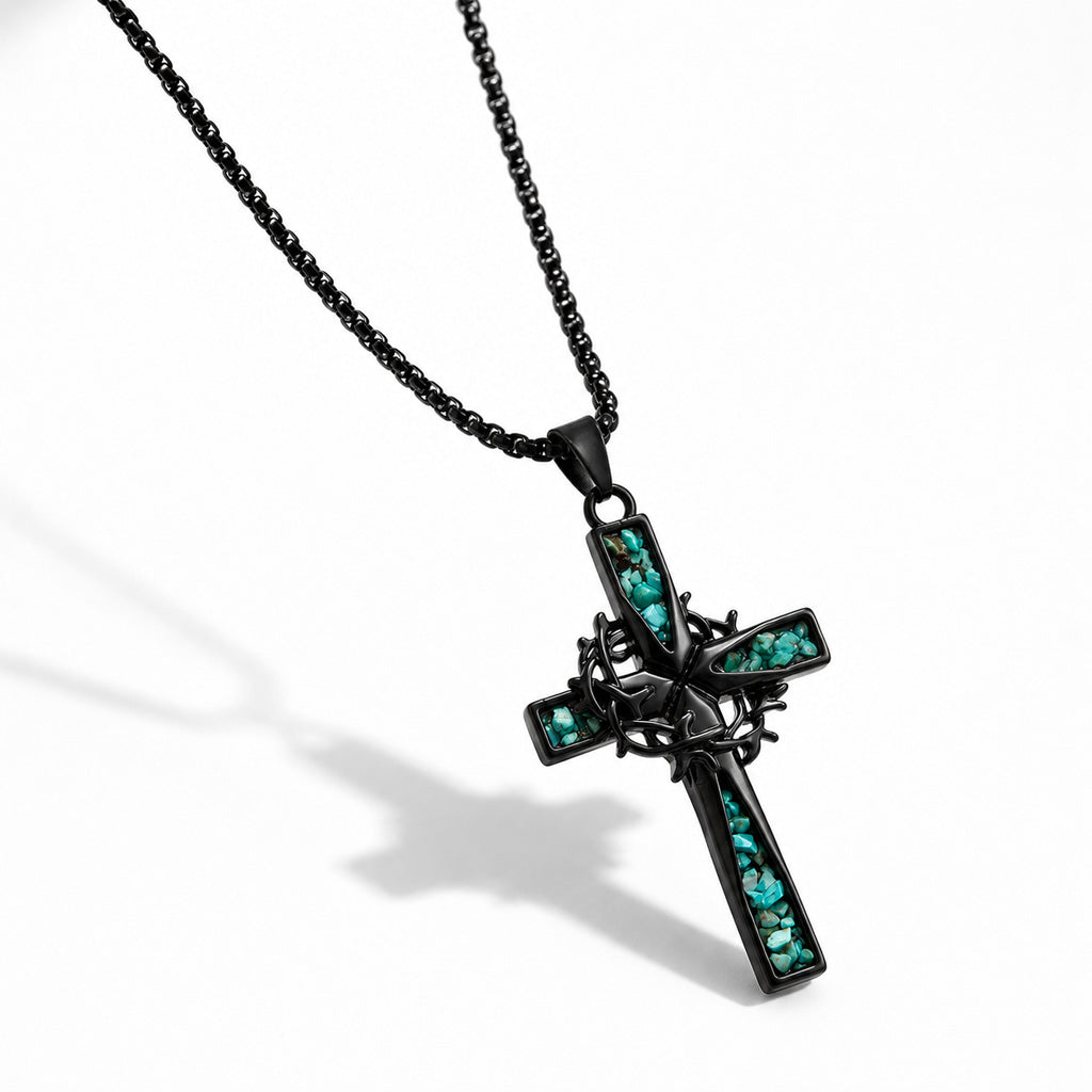 Crown of Thorns Cross Necklace with Natural Turquoise Inlay | Amen Artisan