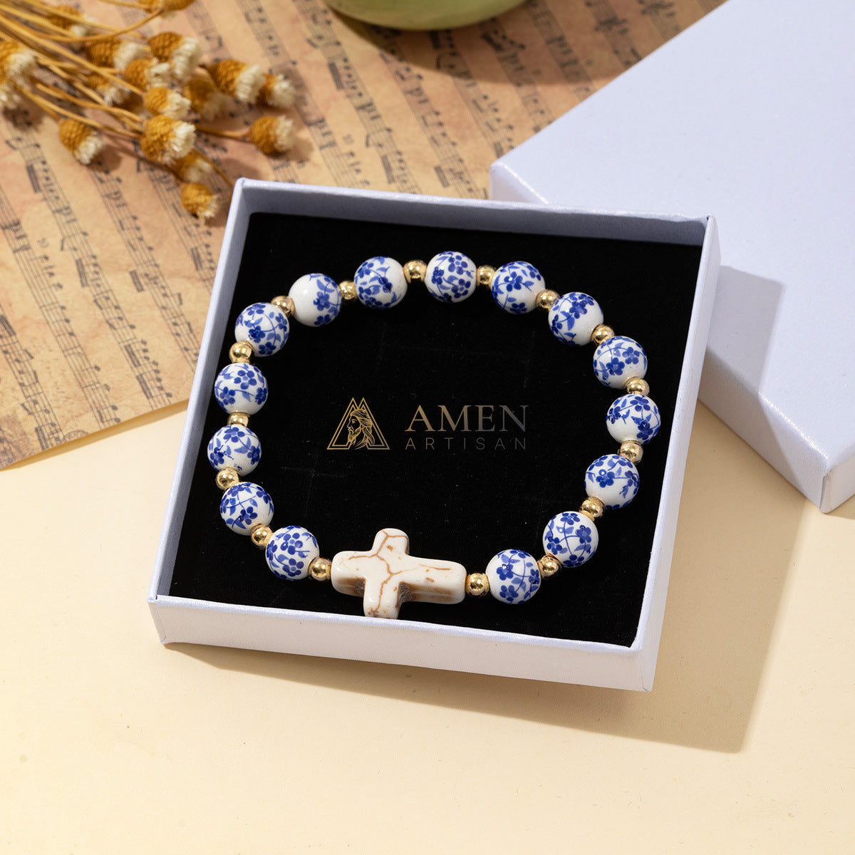 Floral Ceramic White Turquoise Cross Stretch Bracelet Amen Artisan