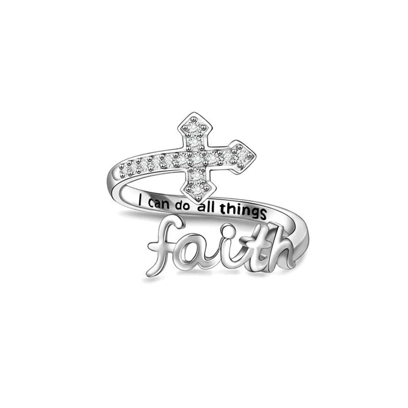 Amen Artisan Shining Diamond-Encrusted Faith Cross Adjustable Open Ring