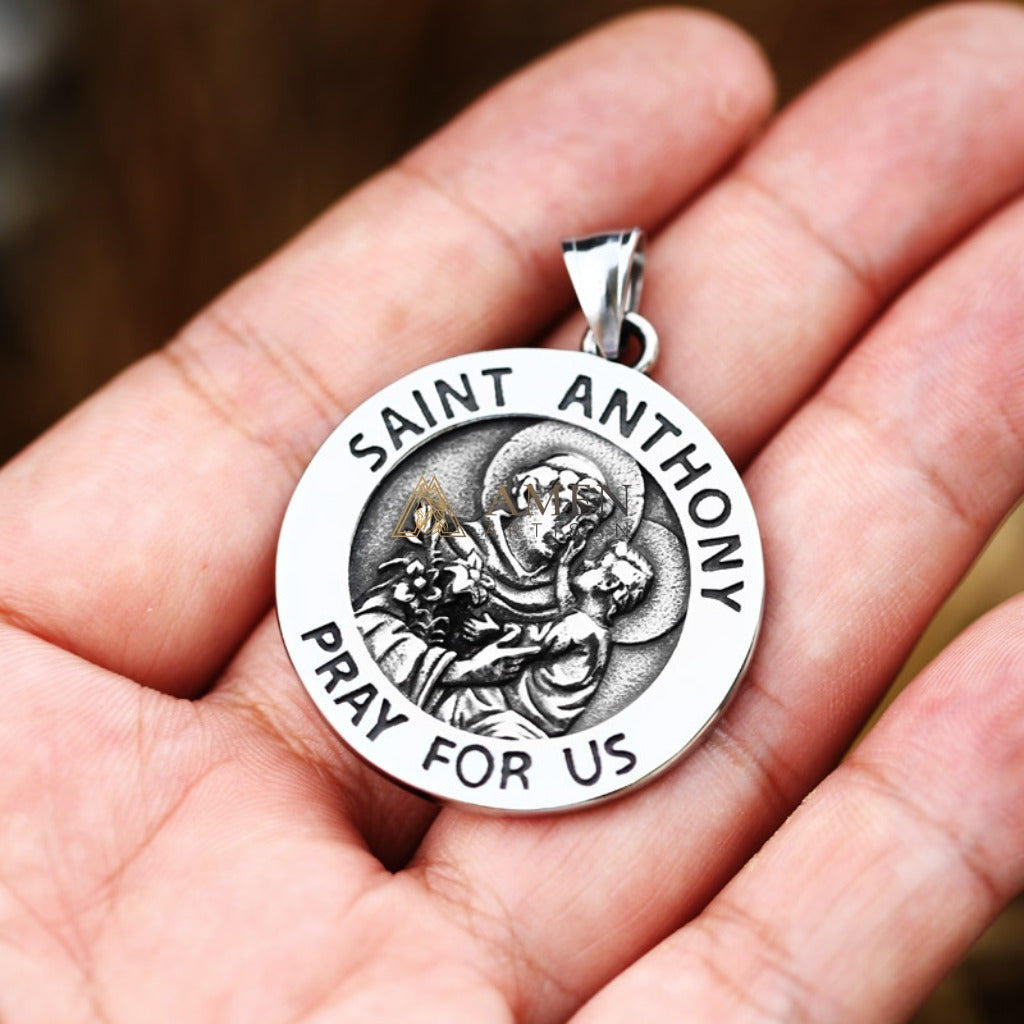 Saint Anthony Round Prayer Pendant Necklace Amen Artisan