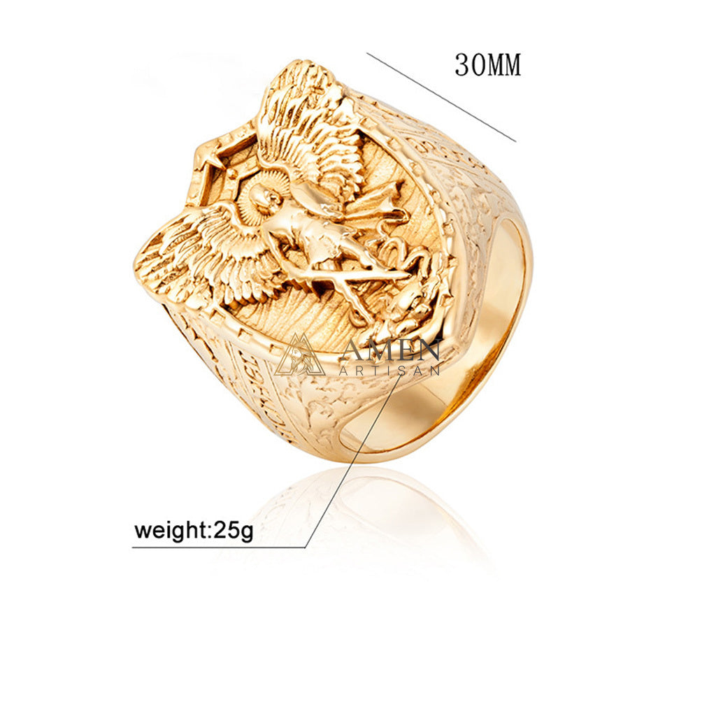 Shield Ring with Guardian Angel Relief - Protection, Courage & Faith | Amen Artisan