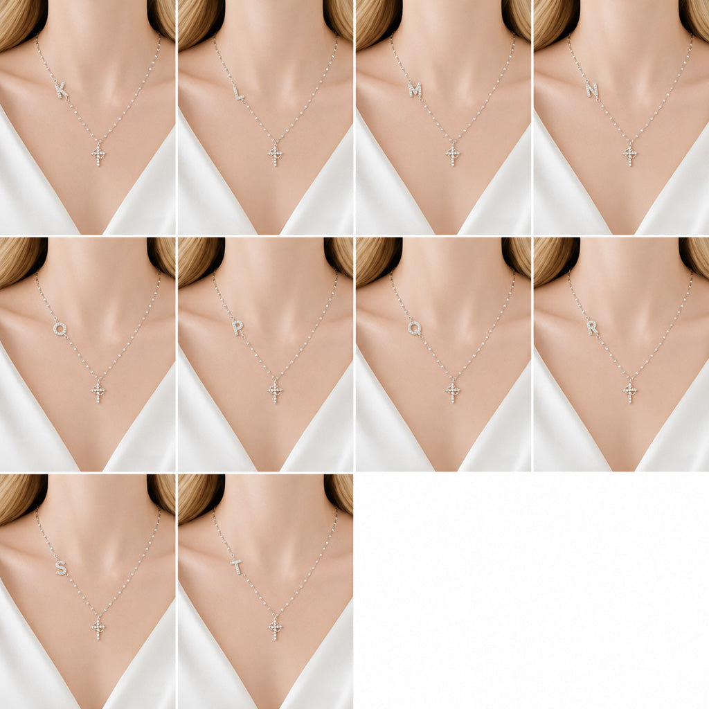 Sparkling Zircon Cross Necklace with A-Z Initial Charm