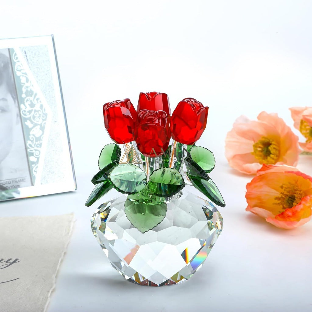 Crystal Red Rose Flower Basket Figurine Amen Artisan