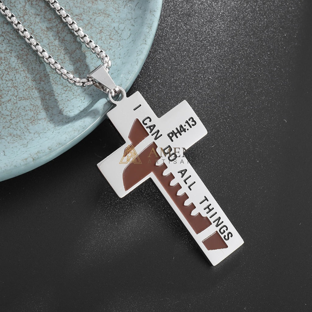 Titanium Steel Football Cross Necklace Amen Artisan