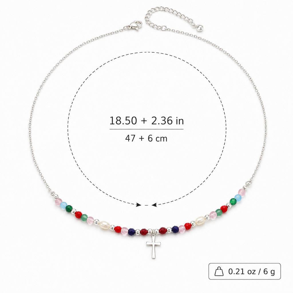 Colorful Beaded Cross Necklace with Natural Stone Details