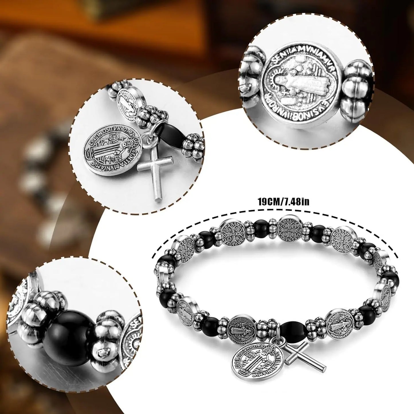 Hematite Beads Saint Benedict Medal Cross Elastic Cord Bracelet