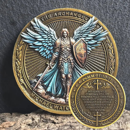 St Michael Challenge Coin – Blue Wings Warrior Angel Guardian Shield Token - Amen Artisan
