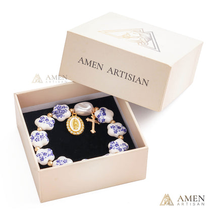 Blue Floral Ceramic Flower Bracelet with Virgin Mary Pendant - Faith & Peace | Amen Artisan