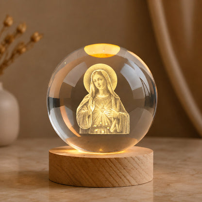 Virgin Mary Crystal Ball Night Light with Warm Wooden Base