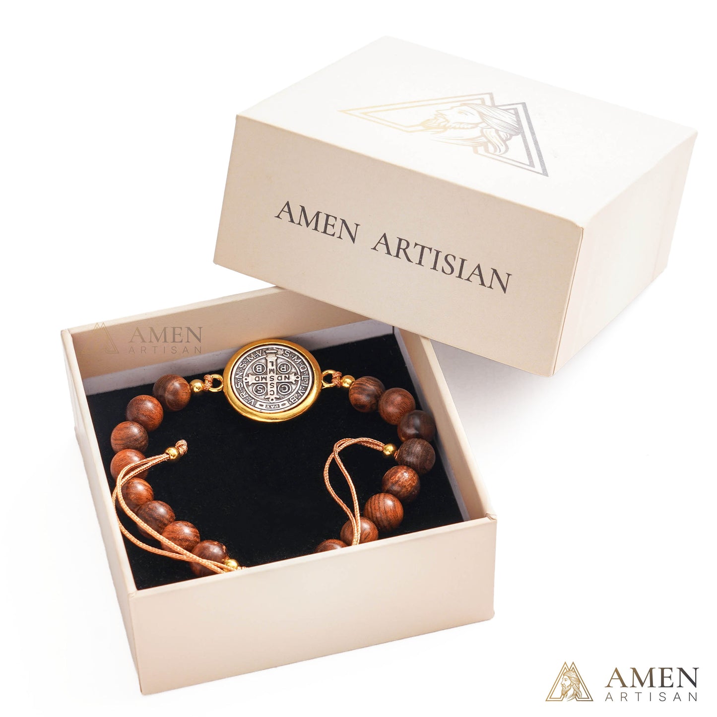 Wooden Beads Saint Benedict Medal Adjustable Bracelet Amen Artisan