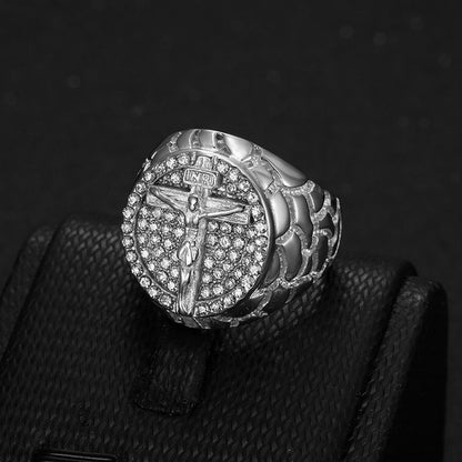 Gold Christ Ring with Diamond and Crucifix Amen Artisan