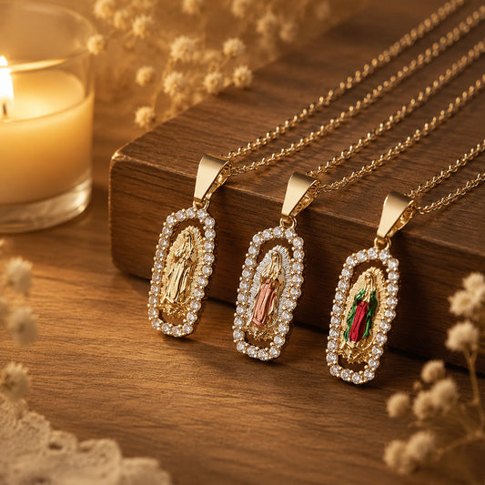 Our Lady Medal Necklace with Rhinestone Frame — Grace