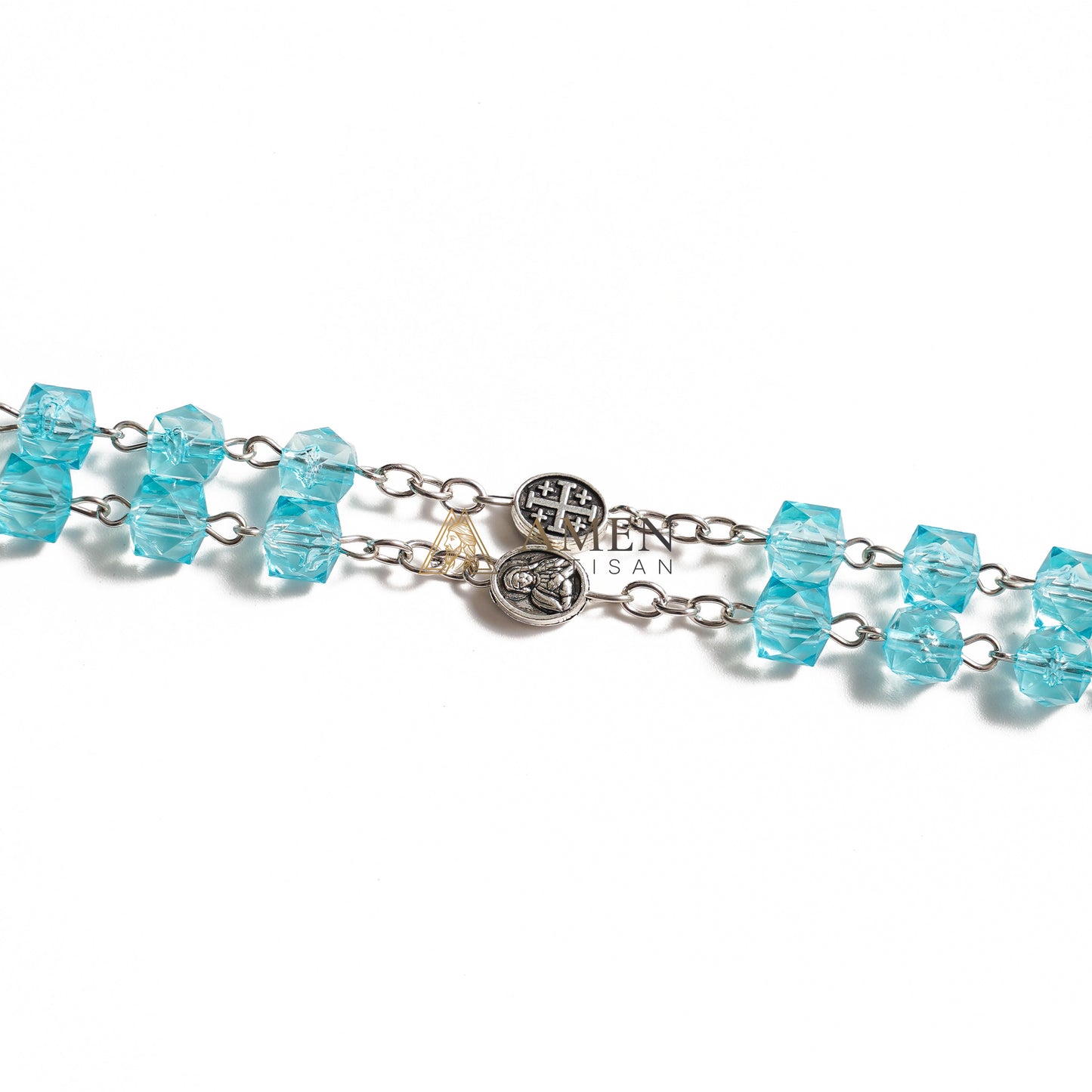 Our Lady of Guadalupe Rosary – Shimmering Aquamarine Faceted Beads with Jerusalem Cross Spacers – Sacred Catholic Prayer Beads Gift