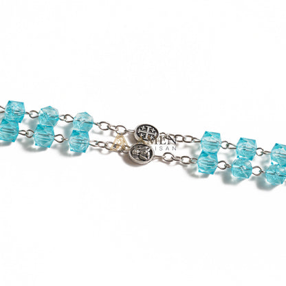 Our Lady of Guadalupe Rosary – Shimmering Aquamarine Faceted Beads with Jerusalem Cross Spacers – Sacred Catholic Prayer Beads Gift