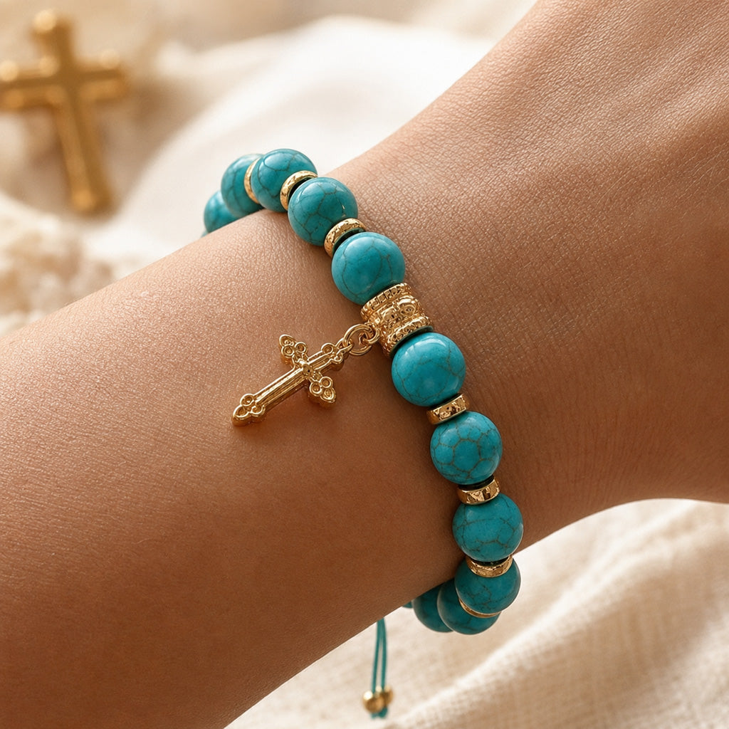 【DEAL TODAY】Adjustable Turquoise-Style Beaded Cross Bracelet