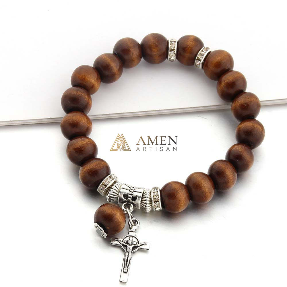 Amen Artisan Brown Wooden Beads Crucifix Elastic Cord Bracelet