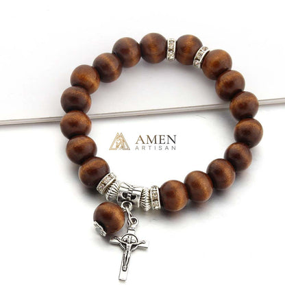 Amen Artisan Brown Wooden Beads Crucifix Elastic Cord Bracelet