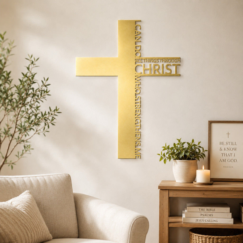 Philippians 4:13 Metal Cross Wall Art with Scripture Design — Strength