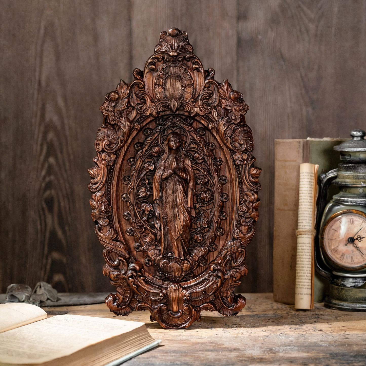 Our Lady in Prayer Wood Carving Amen Artisan