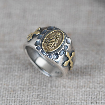 Miraculous Medal Cross Hammered 925 Silver Ring Amen Artisan