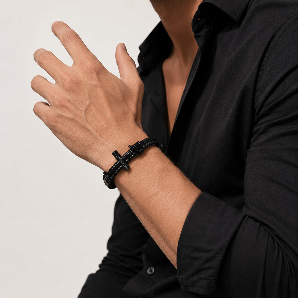 Leather Cross Bracelet with Magnetic Clasp