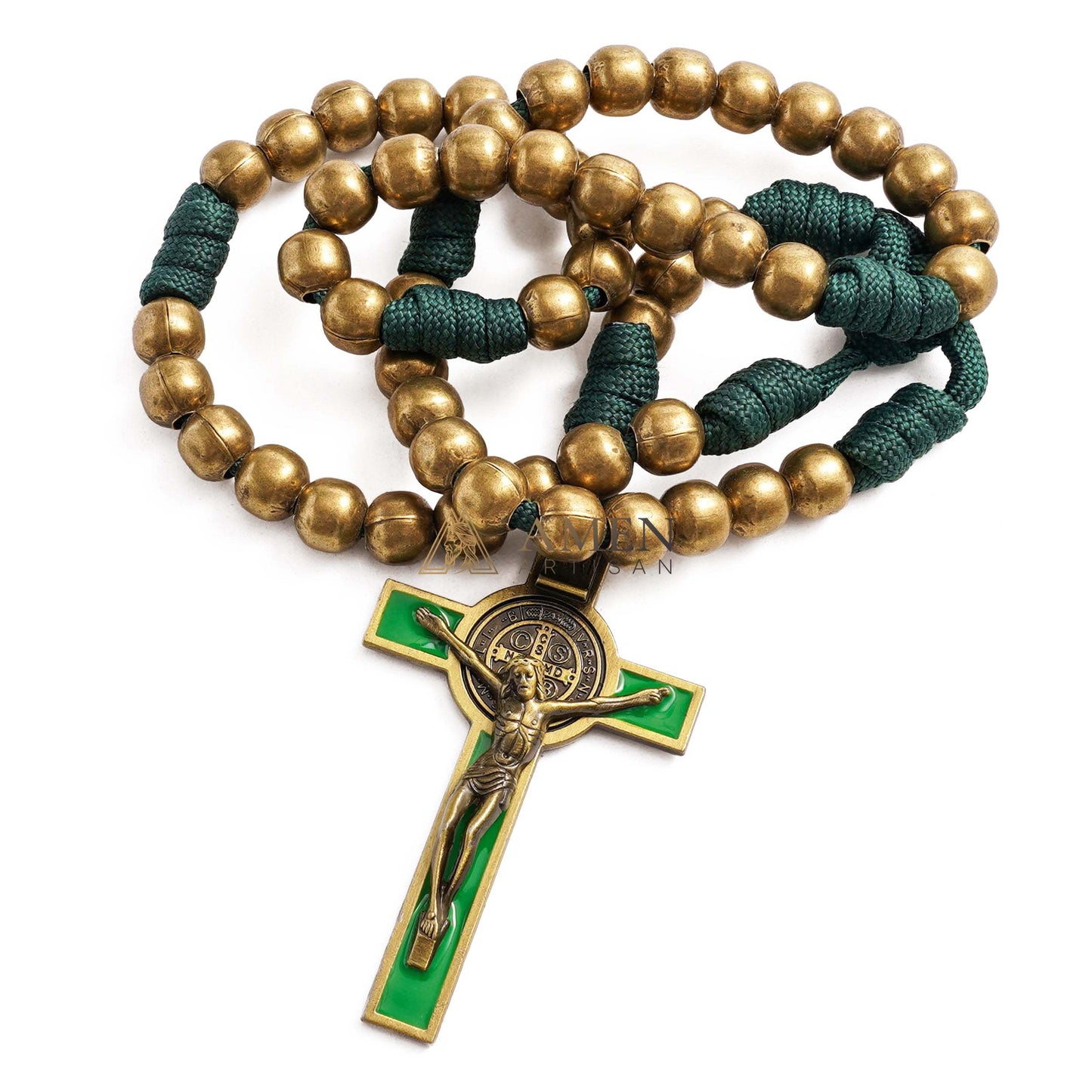 Military-Grade Paracord Rosary with Antique Bronze Beads & Enamel Crucifix Amen Artisan