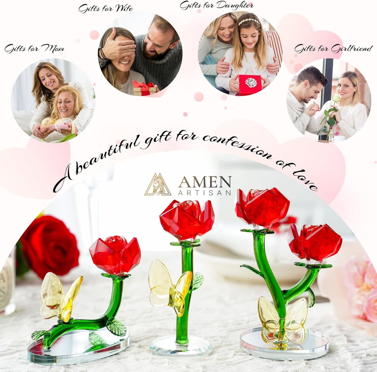 Crystal Red Rose and Yellow Butterfly Figurine Amen Artisan