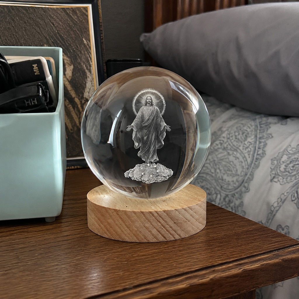 Jesus Christ Crystal Night Light with Warm Wooden Base