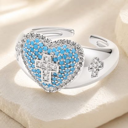 Blue Heart Cross Open Ring with Rhinestone Accents