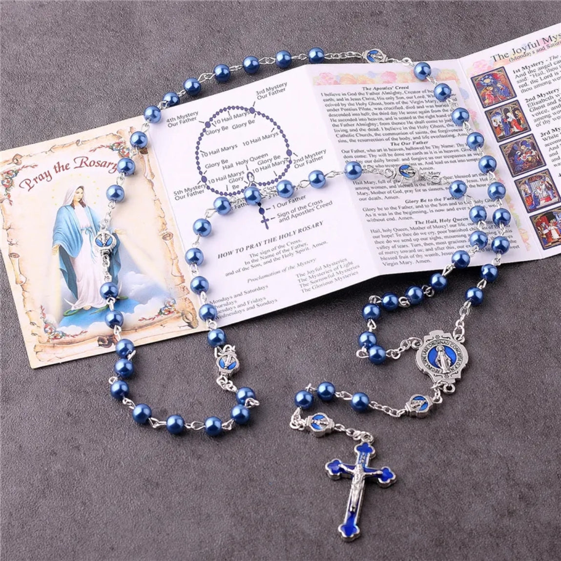Deep Blue Pearl Beads Virgin Mary Rosary Amen Artisan