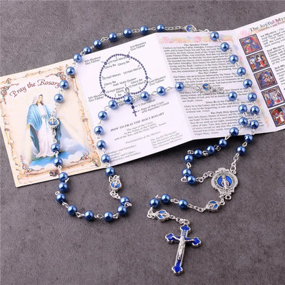 Deep Blue Pearl Beads Virgin Mary Rosary Amen Artisan