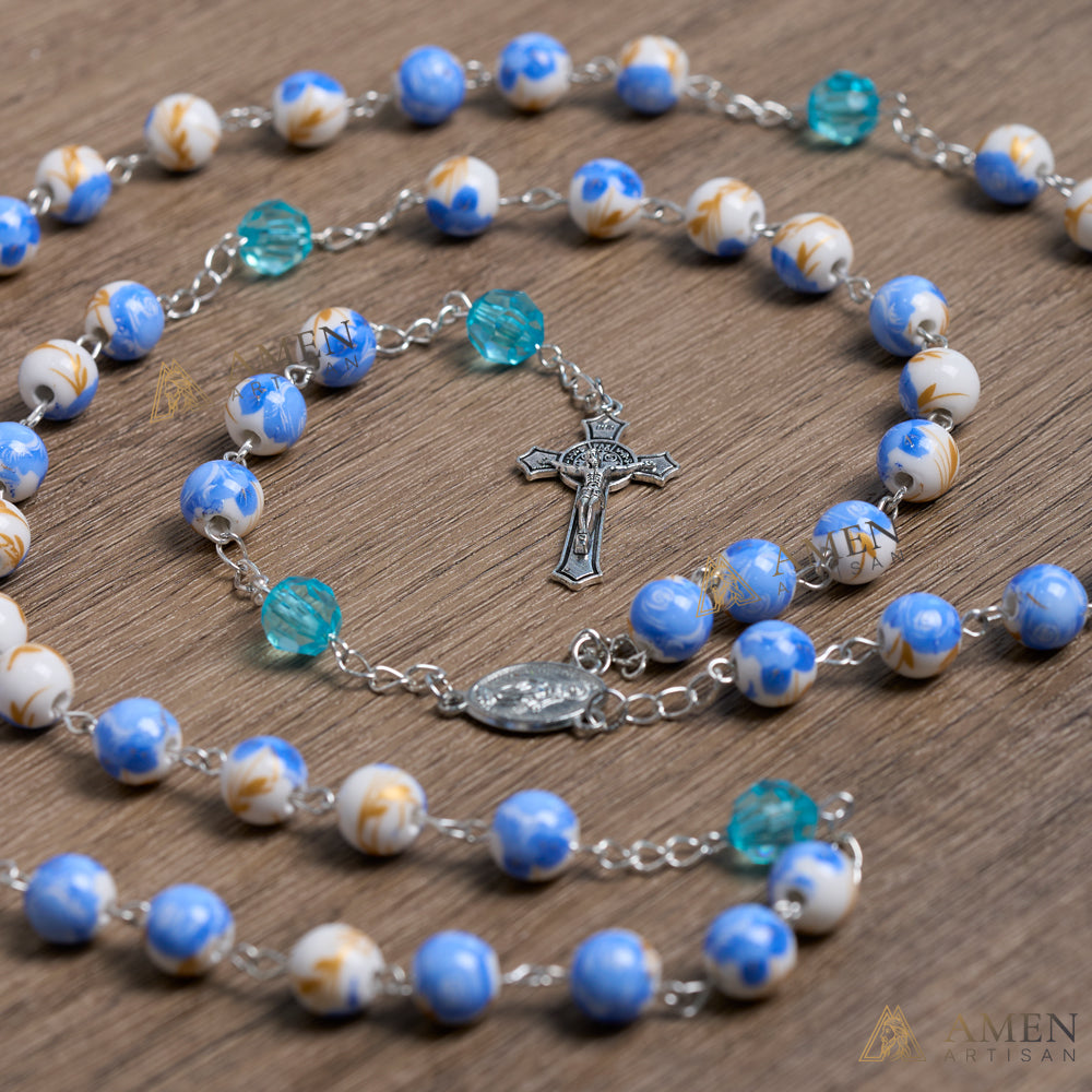 Blue Floral Ceramic Rosary