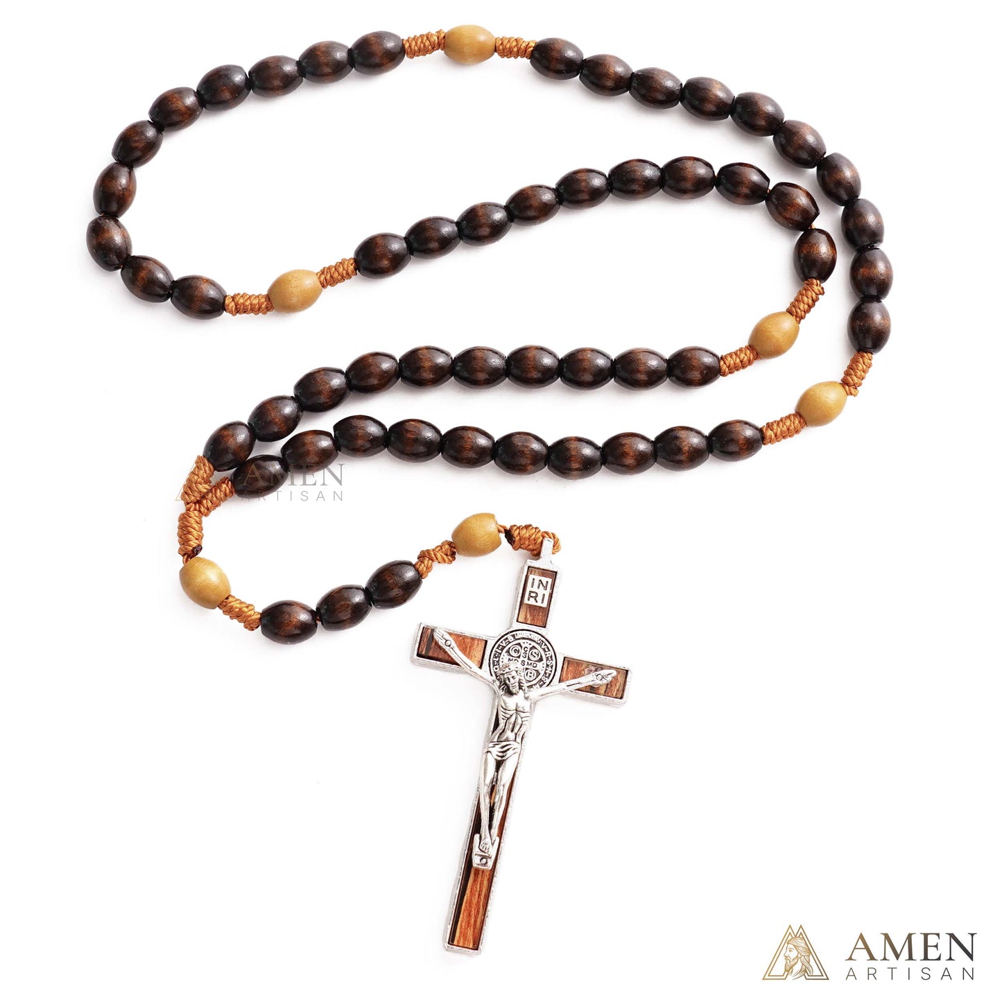 Woven Cord Wooden Rosary with St. Benedict Medal Cross - Sacred Blessing | Amen Artisan