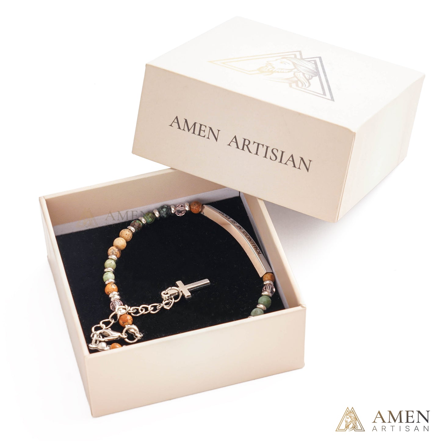 Adjustable Natural Stone Bracelet with Cross | Amen Artisan