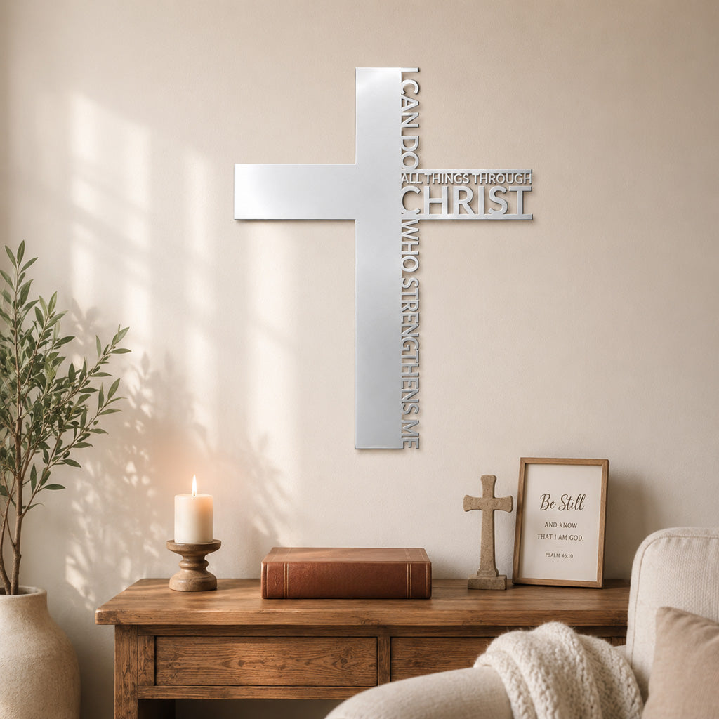 Philippians 4:13 Metal Cross Wall Art with Scripture Design — Strength