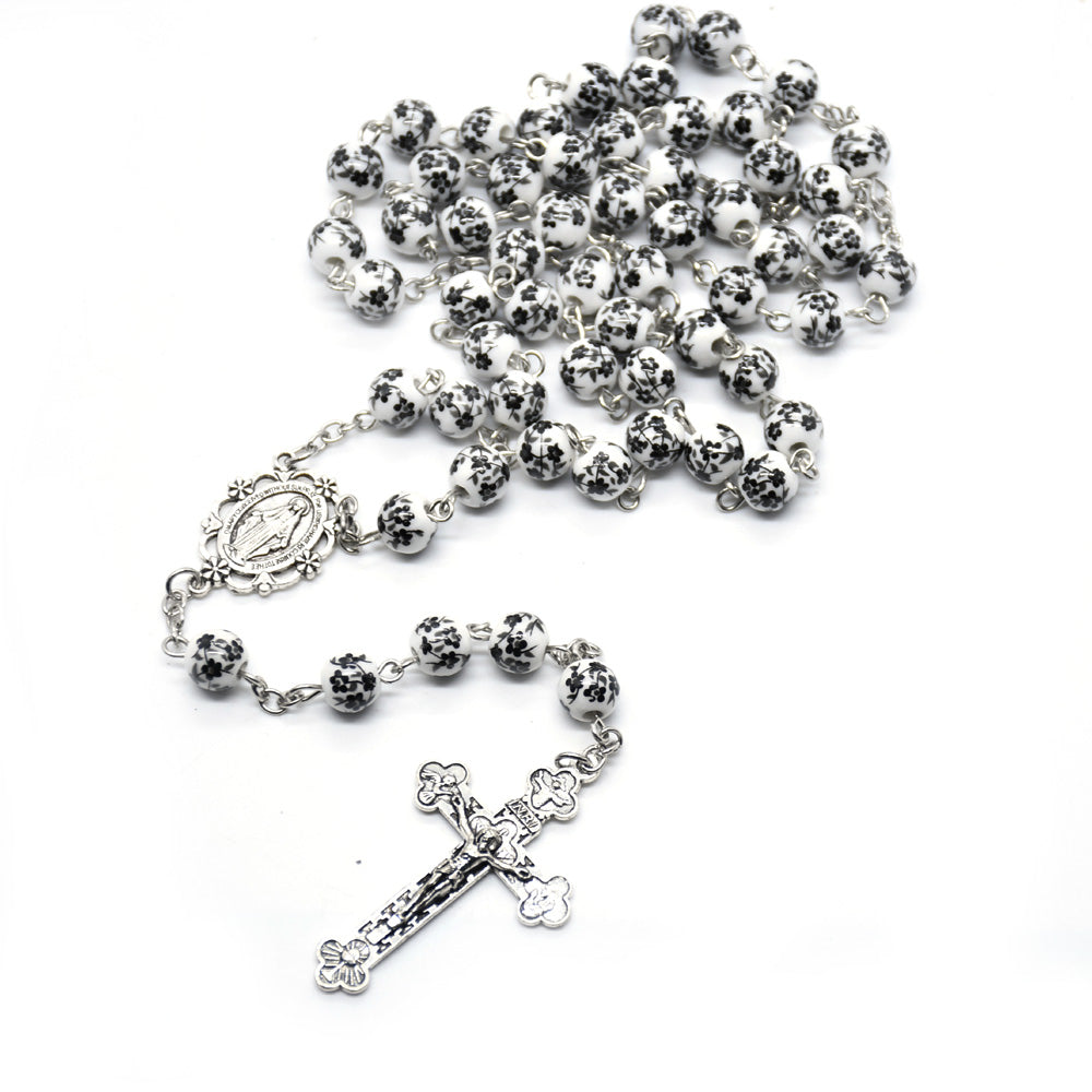 Ceramic Virgin Mary Cross Bead Rosary Necklace