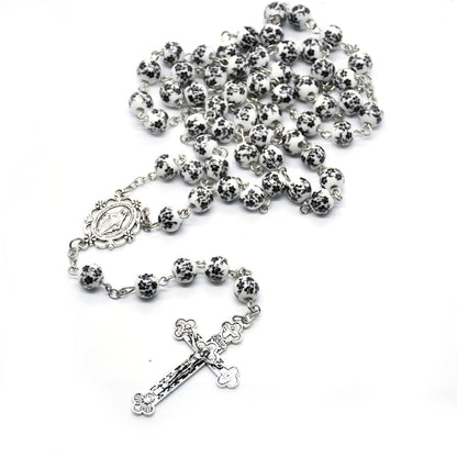 Ceramic Virgin Mary Cross Bead Rosary Necklace