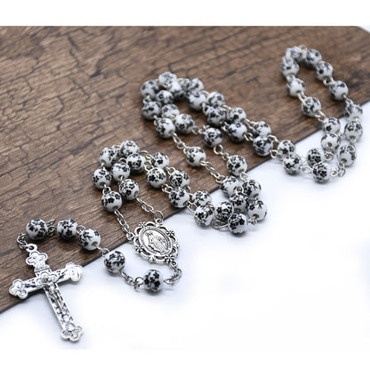 Ceramic Virgin Mary Cross Bead Rosary Necklace