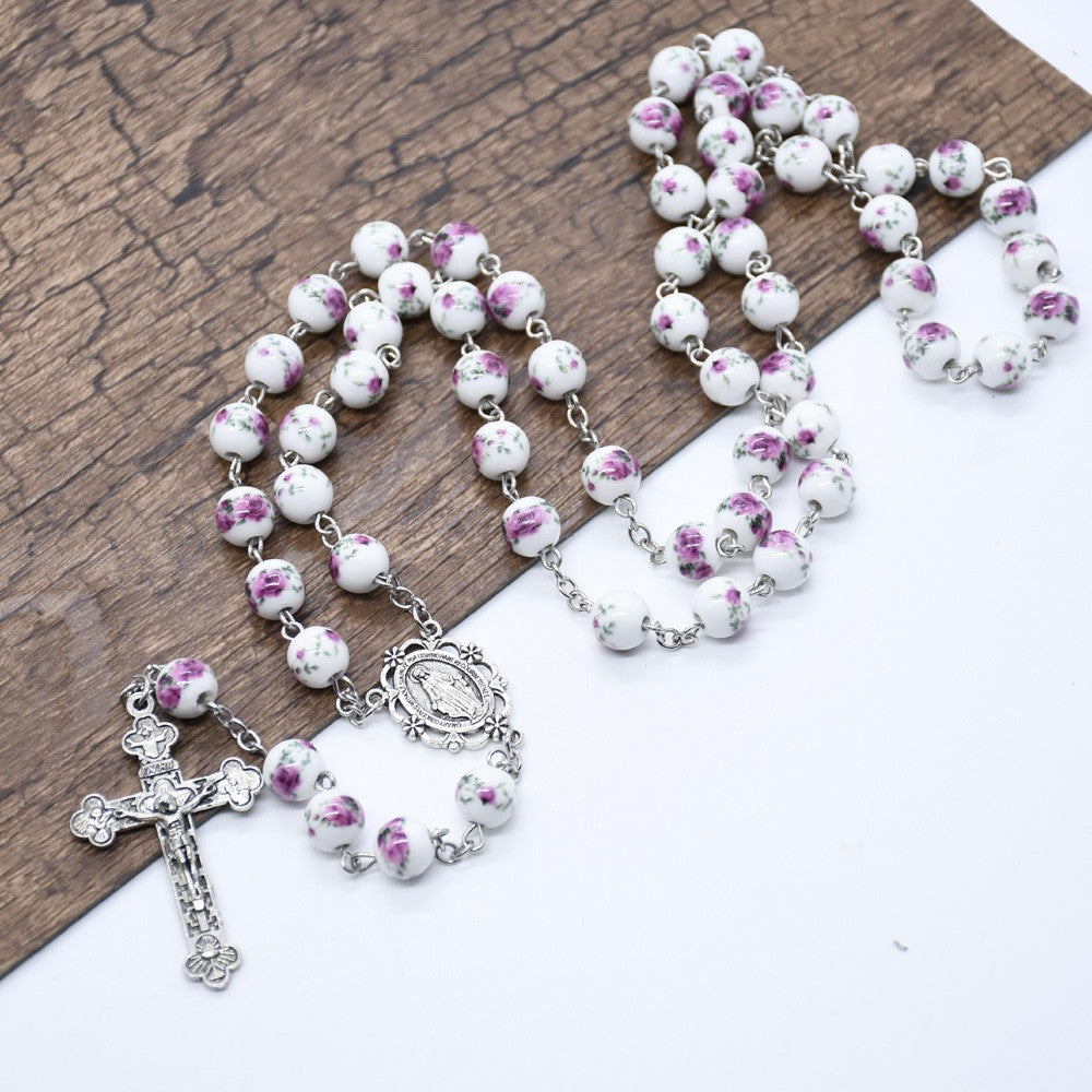 Ceramic Virgin Mary Cross Bead Rosary Necklace