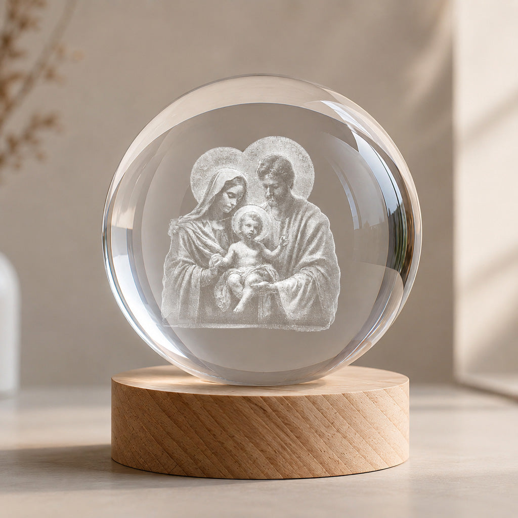 Holy Family Crystal Night Light with Warm Wooden Base — Home Blessing