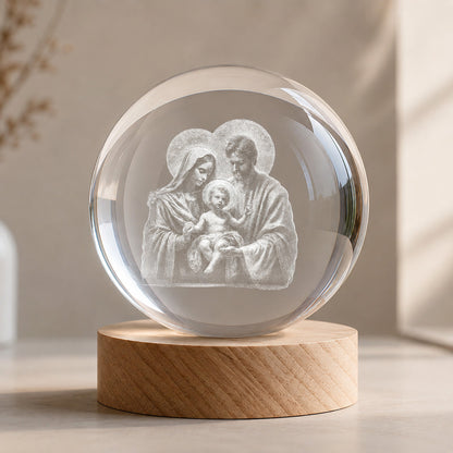 Holy Family Crystal Night Light with Warm Wooden Base — Home Blessing