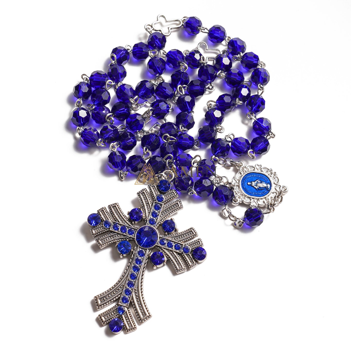 Royal Cobalt Blue Faceted Rosary – Jewel-Encrusted Art Deco Crucifix with Miraculous Medal – Sacred Devotional Prayer Beads