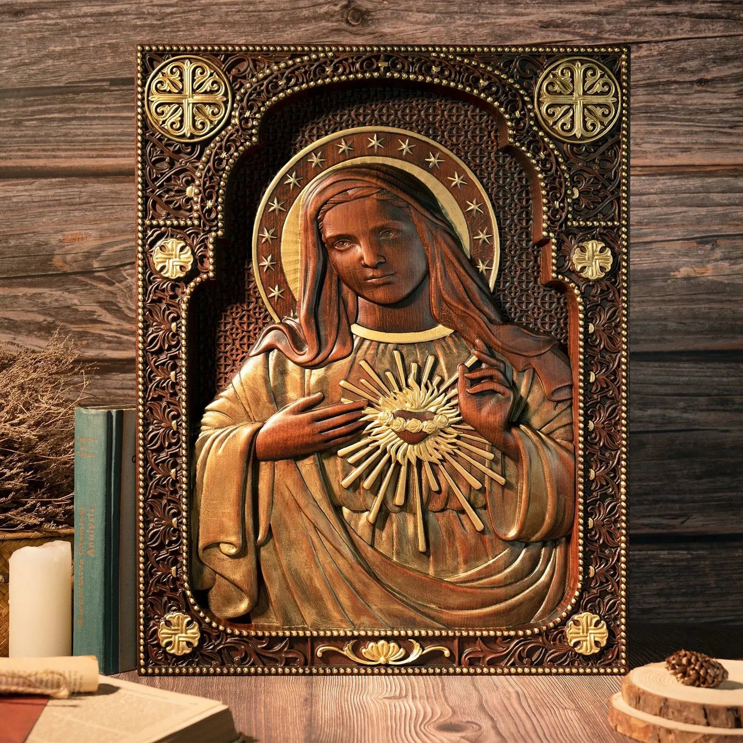 Immaculate Heart of Mary Wood Carving Amen Artisan
